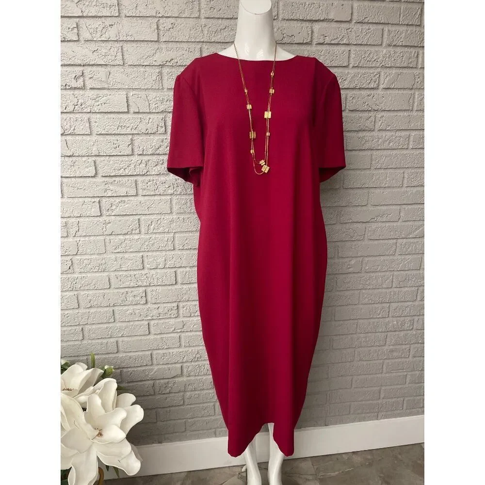 Leslie Fay Women Short Sleeve Red Dress With Asymmetric Trim Jacket 2 Pcs Set Si